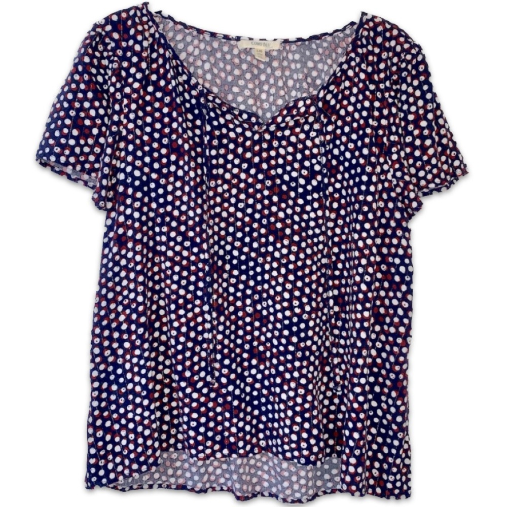 Como Blu Rayon Blouse L Blue Polka Dot Metallic Thread Short Flutter Sleeve Airy
